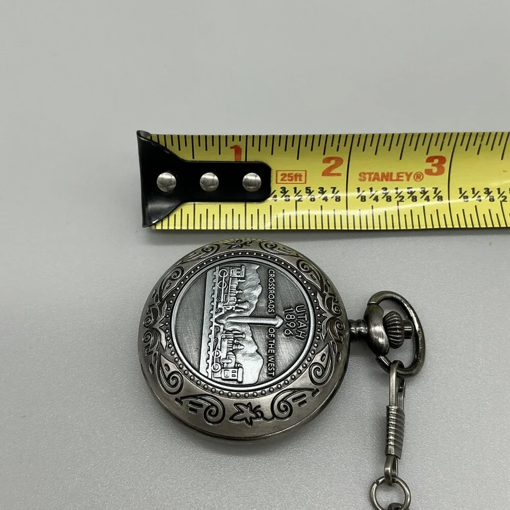 Vintage Collection Pocket Watch Men 46mm Silver Tone Utah 1896 Chain New Battery